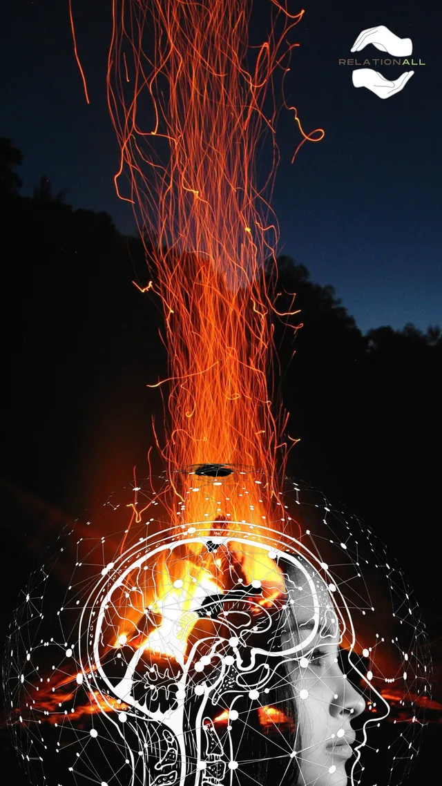 A profile of a young person’s head drawn as a glowing brain, with sparks rising from a campfire above it.