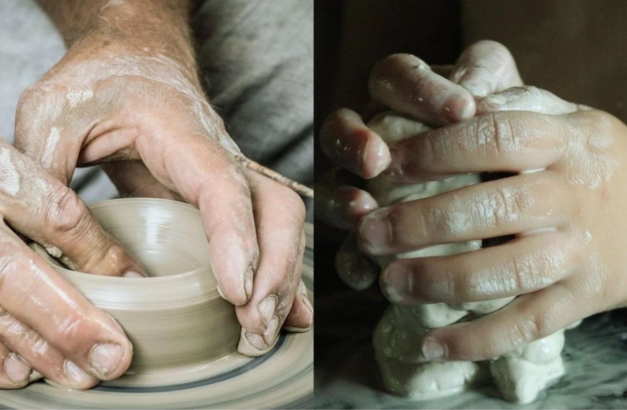 Two photographs side by side: a potter’s hands shaping clay on a wheel, and a child’s hands squeezing a lump of clay.