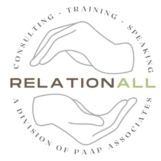 RelationAll seal: two open hands around the wordmark, ringed by the words consulting, training, speaking, and a division of Paap Associates.